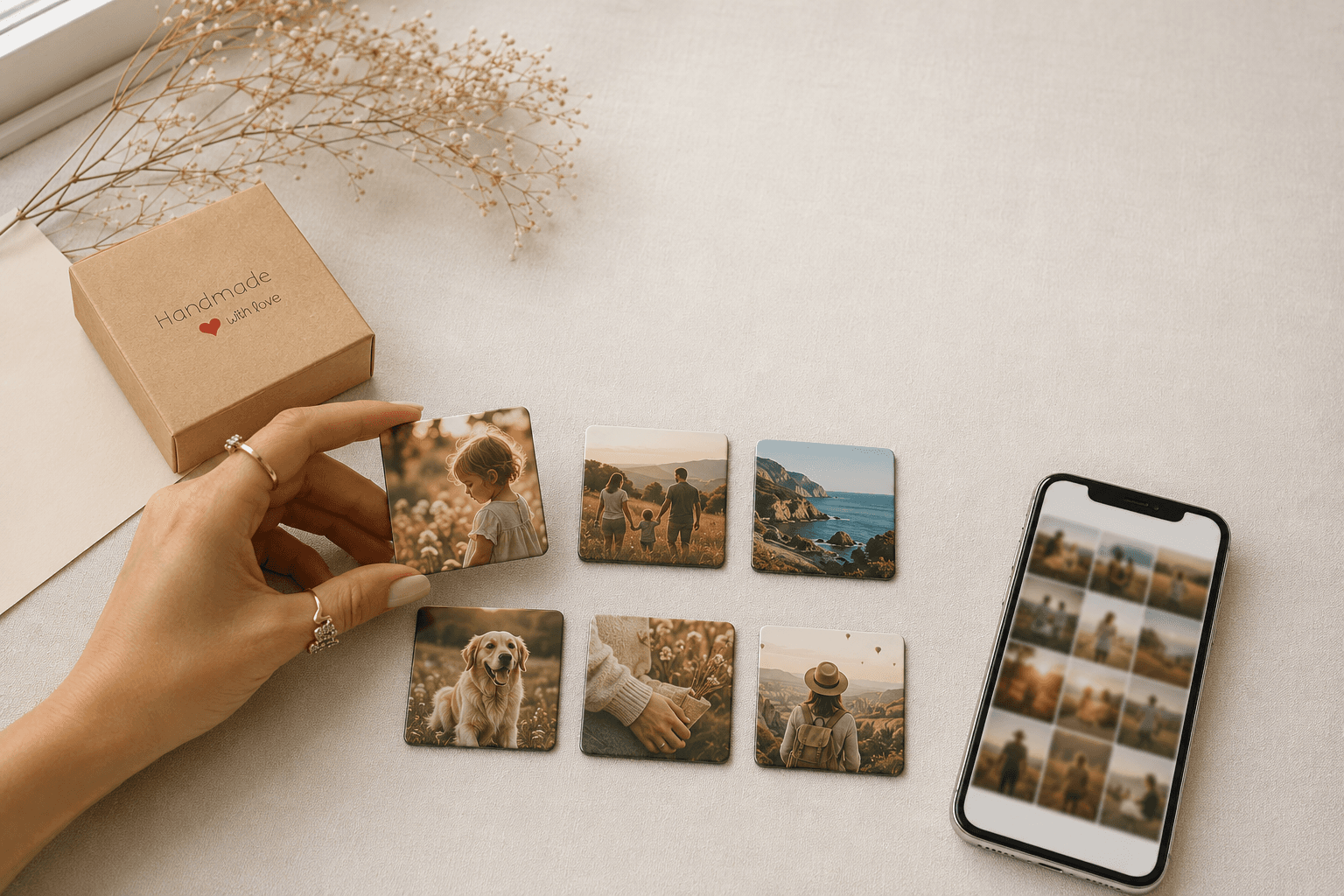 Шесть примеров фотографий для фотомагнитов 58×58 мм рядом со смартфоном