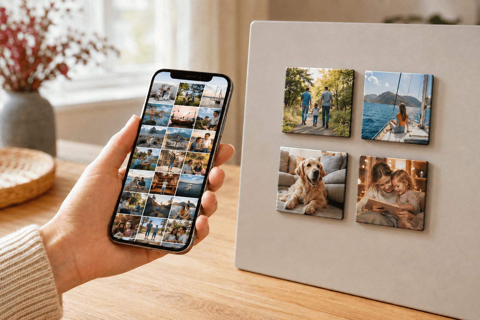 Смартфон с галереей фотографий рядом с четырьмя квадратными фотомагнитами 58×58 мм на магнитной доске